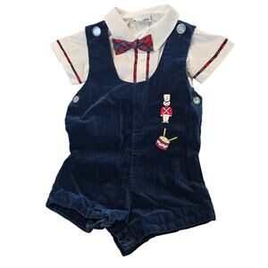 Vintage Velvet Outfit 80s Infant 24 Mths Blue Baby Captain Drummer Holiday Bow